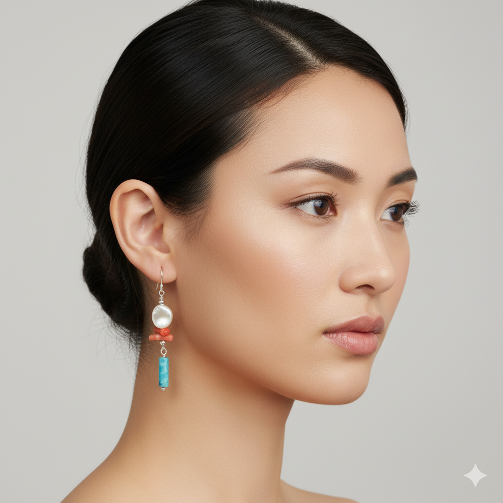 Woman wearing silver shell, coral, and agate earrings with long dark hair