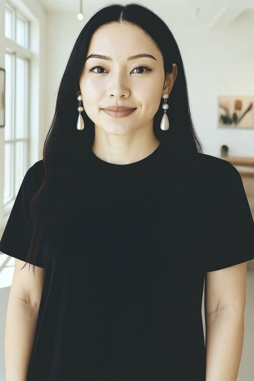 Woman wearing pearl-shaped brass dangle earrings with silver post