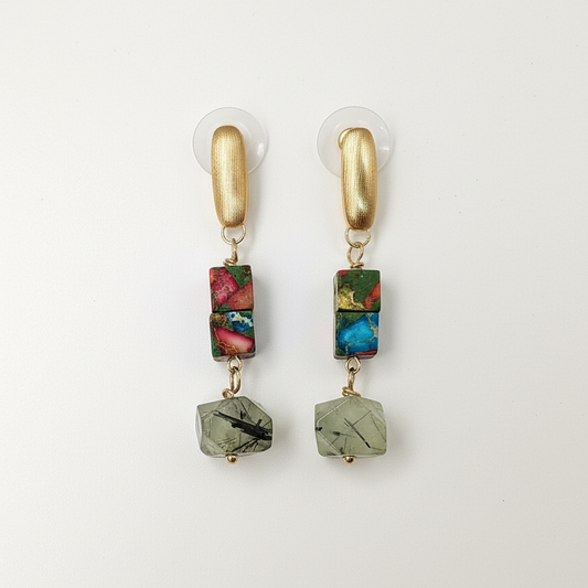 14K gold-plated drop earrings with 6mm cube jasper and 10mm rut green quartz