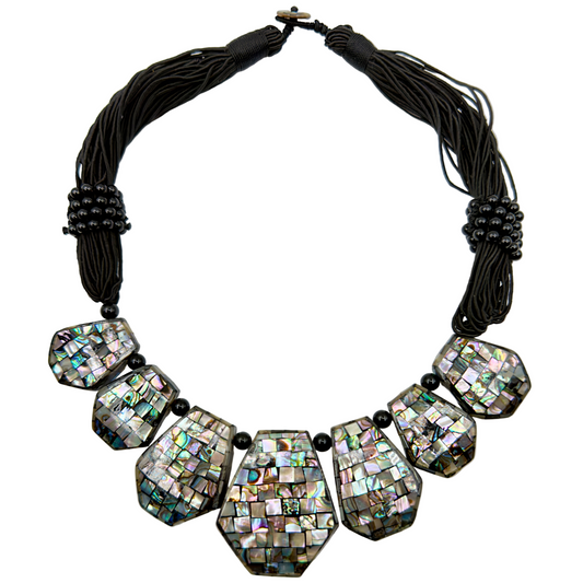 Large abalone shell pendant necklace on a 50cm matinee chain, showing the iridescent colors.