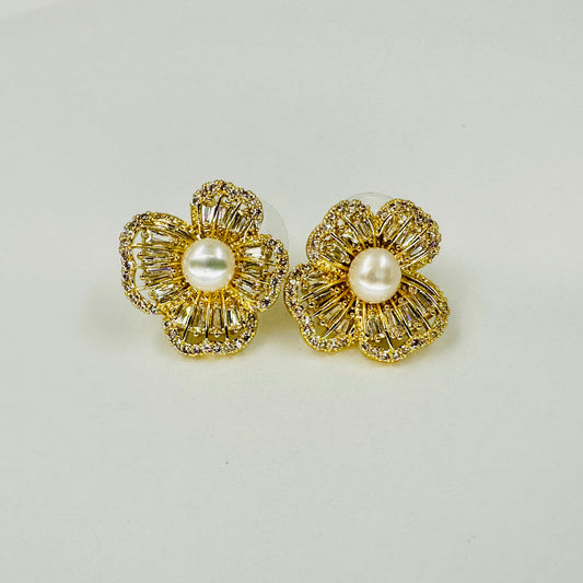 Cultured pearl floral stud earrings with gold-tone flower and zirconia inlays on 925 sterling silver post