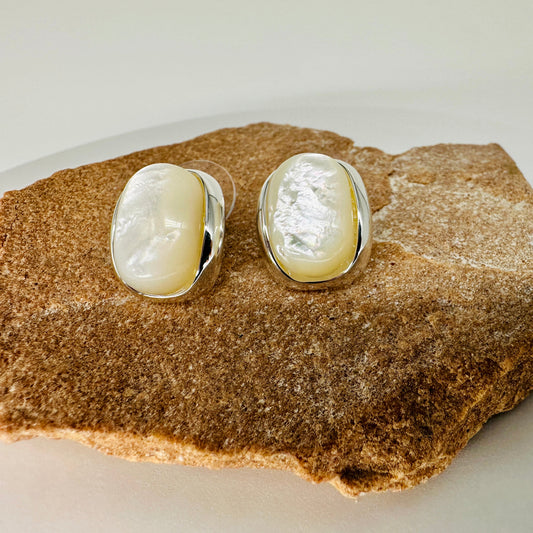 Square mother of pearl stud earring with 16mm MOP in silver-tone setting