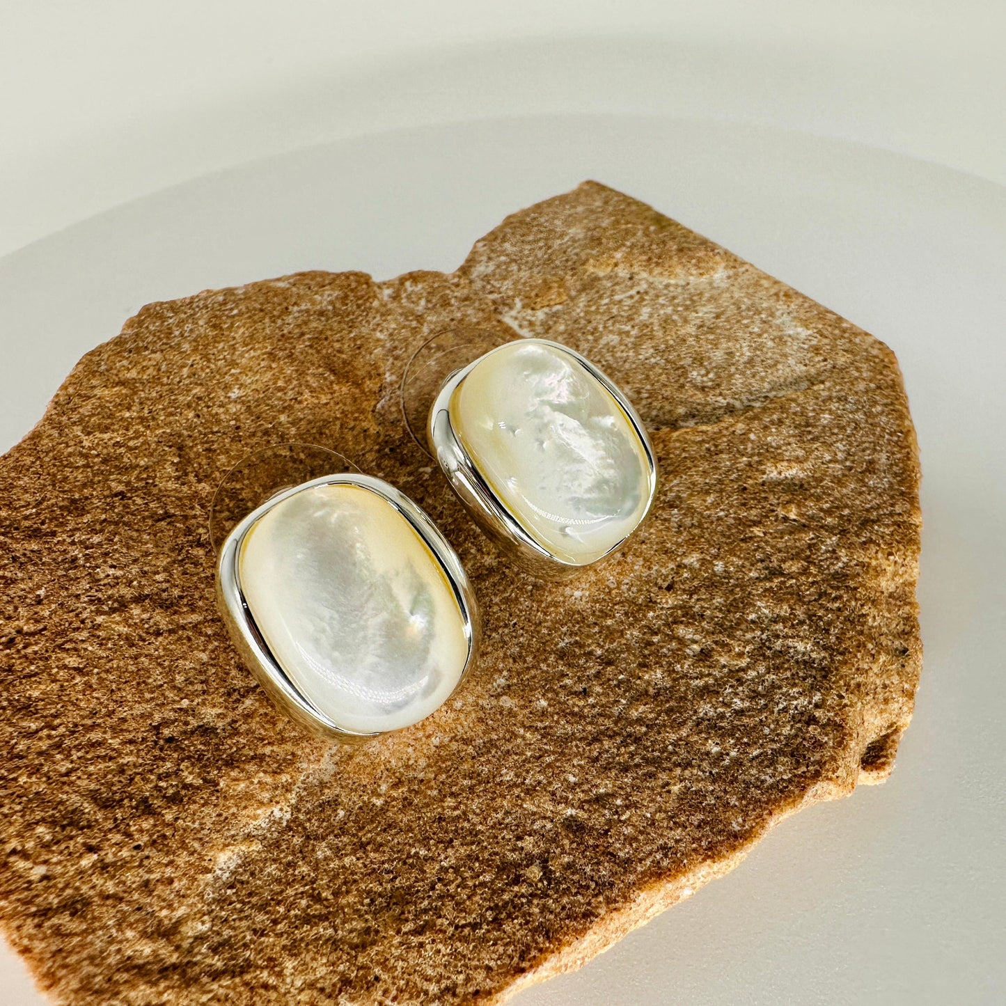 Square mother of pearl stud earring with 16mm MOP in silver-tone setting and 925 sterling silver post