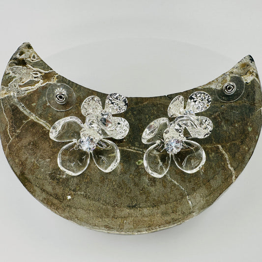 Resin flower stud earrings with clear zirconia centre and silver metal base on 925 sterling silver post