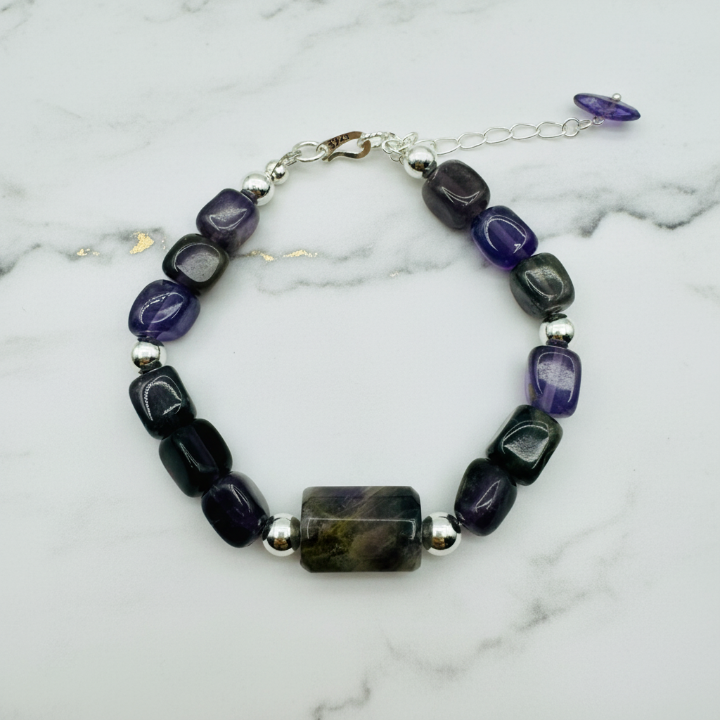 17cm amethyst bracelet with  raw amethyst on white background