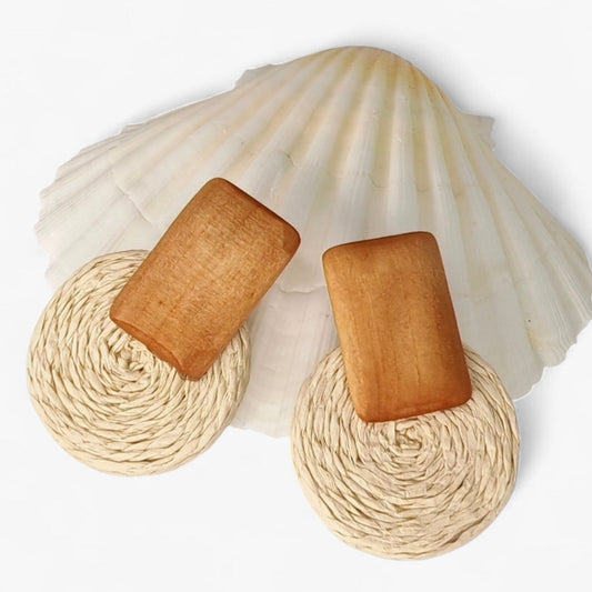 Handmade drop earring with square wood and woven rattan circle on white shell