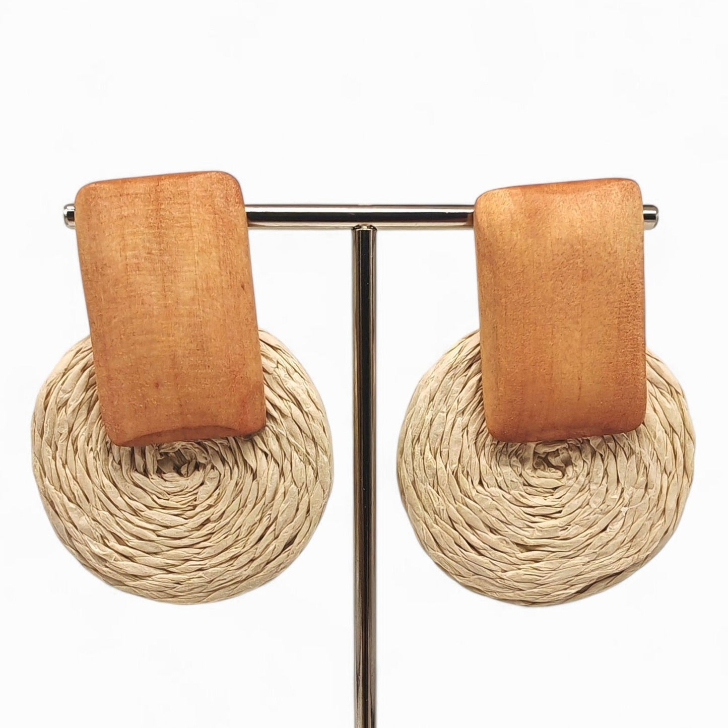 Handmade drop earring with square wood and woven rattan circle on 925 sterling silver post