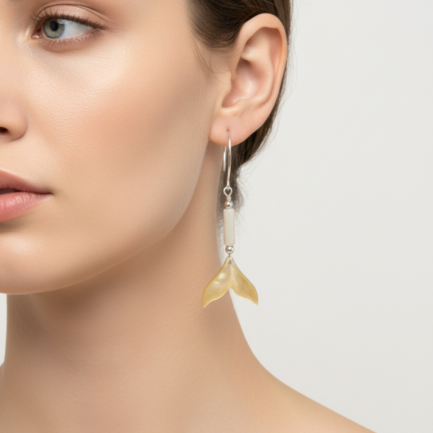 Close-up of a woman wearing gold fish-scale earrings against a plain background