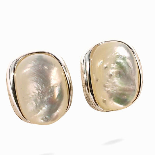 Square mother of pearl stud earring with 16mm MOP in silver-tone setting and 925 sterling silver post