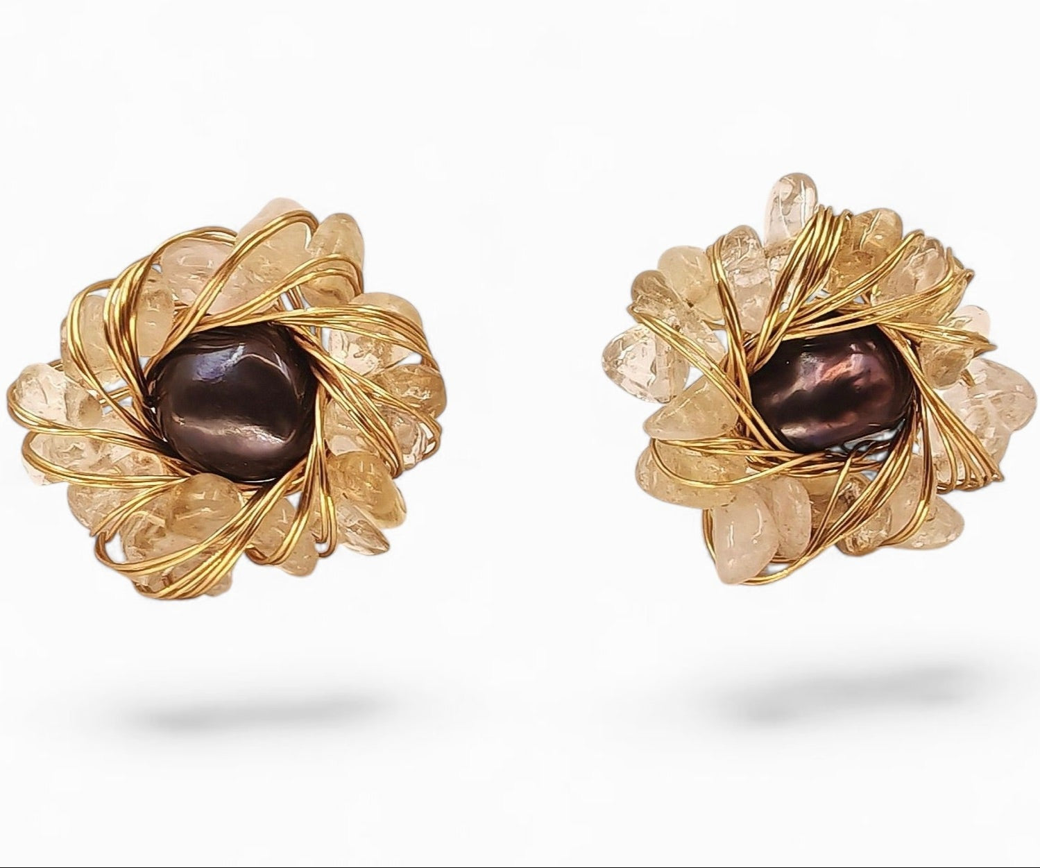 Floral purple pearl (8mm) stud earrings with gold-tone wire wrap and white quartz inlays on 925 sterling silver post