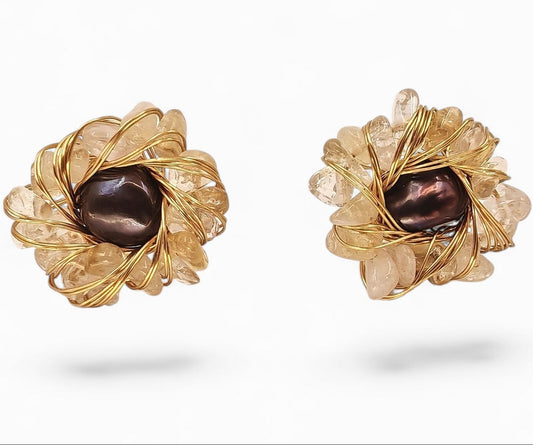 Floral purple pearl (8mm) stud earrings with gold-tone wire wrap and white quartz inlays on 925 sterling silver post