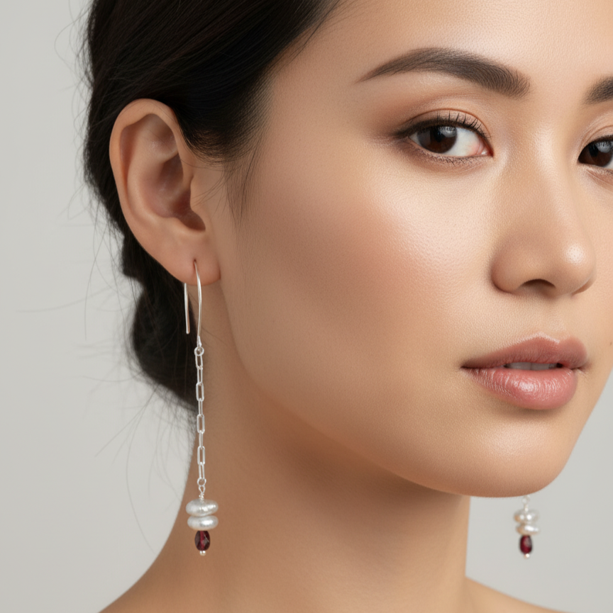 Woman wearing silver earrings with a neutral background