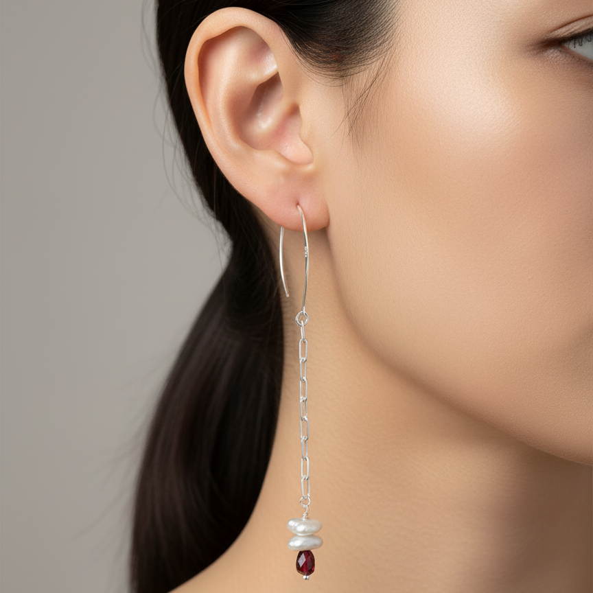 Large 925 Silver Hook Earrings – 50mm Chain with Baroque Pearl & Red Garnet