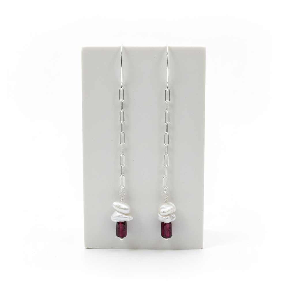 Pair of earrings on a display card with a white background