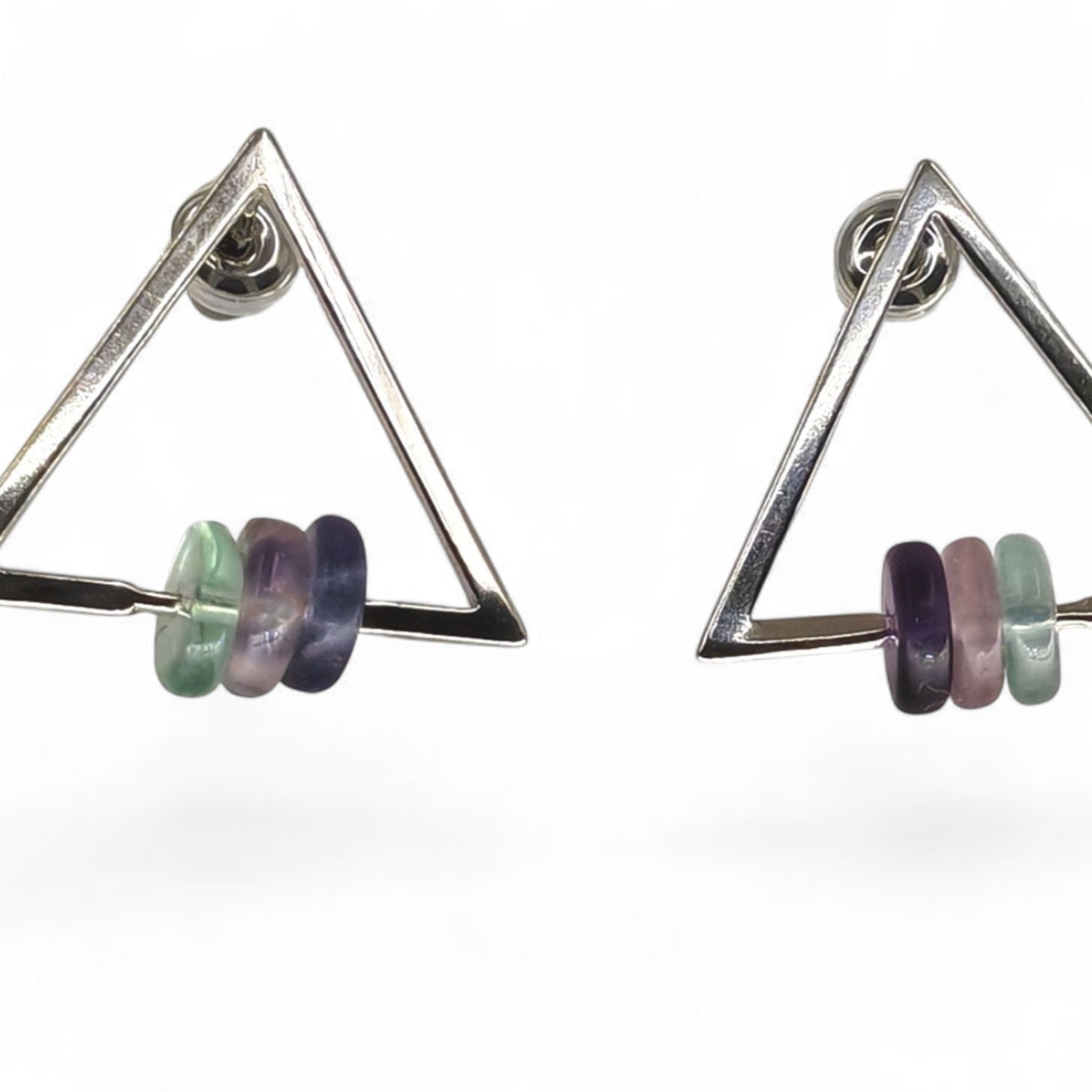 Triangle silver earrings with fluorite beads, 925 sterling silver studs