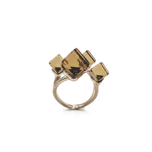 Quad Austrian crystal ring with smoky brown cubes, silver-plated brass, size 6.5