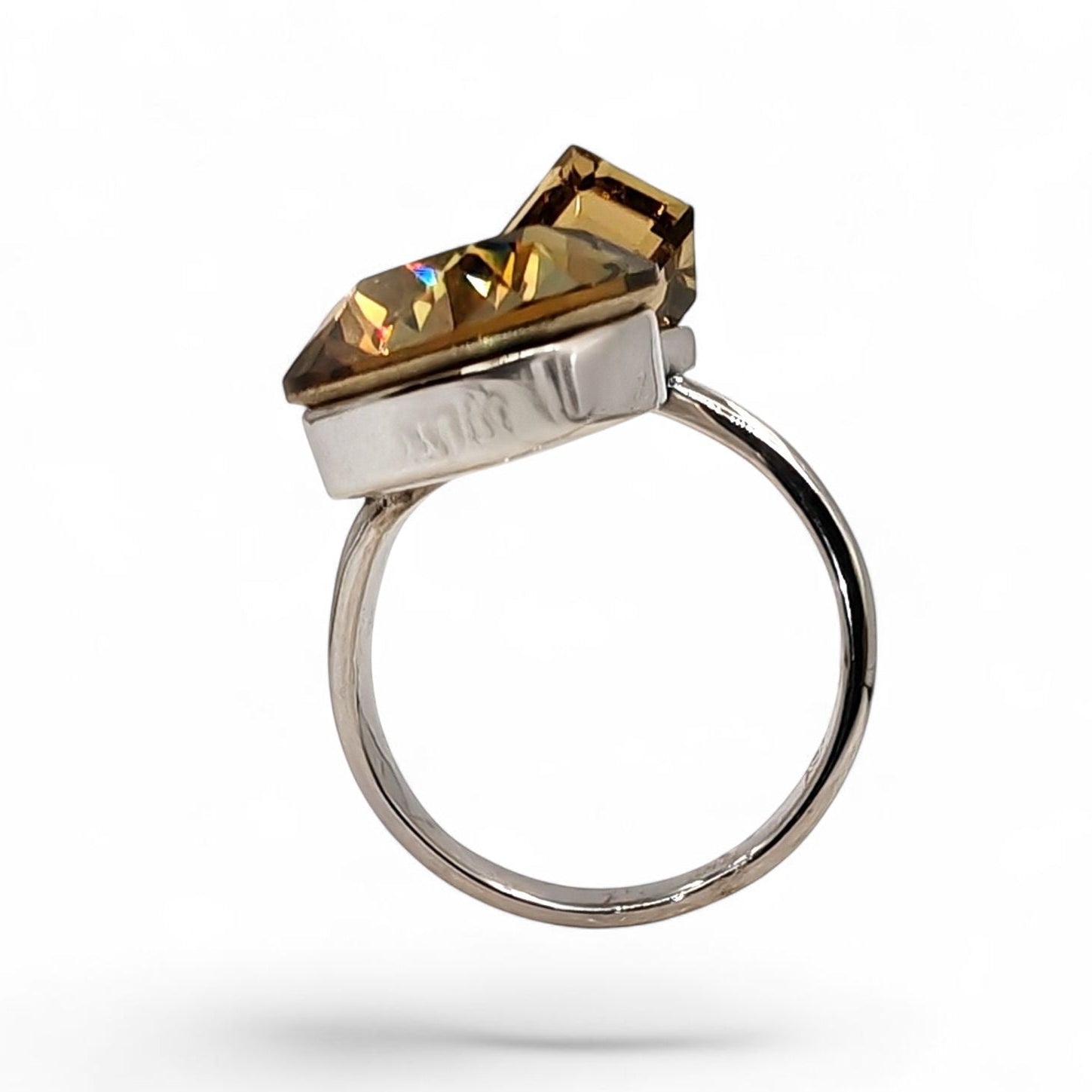 Double Austrian crystal ring with smoky brown stones, silver-plated brass