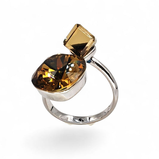 Double Austrian crystal ring with smoky brown stones, silver-plated brass
