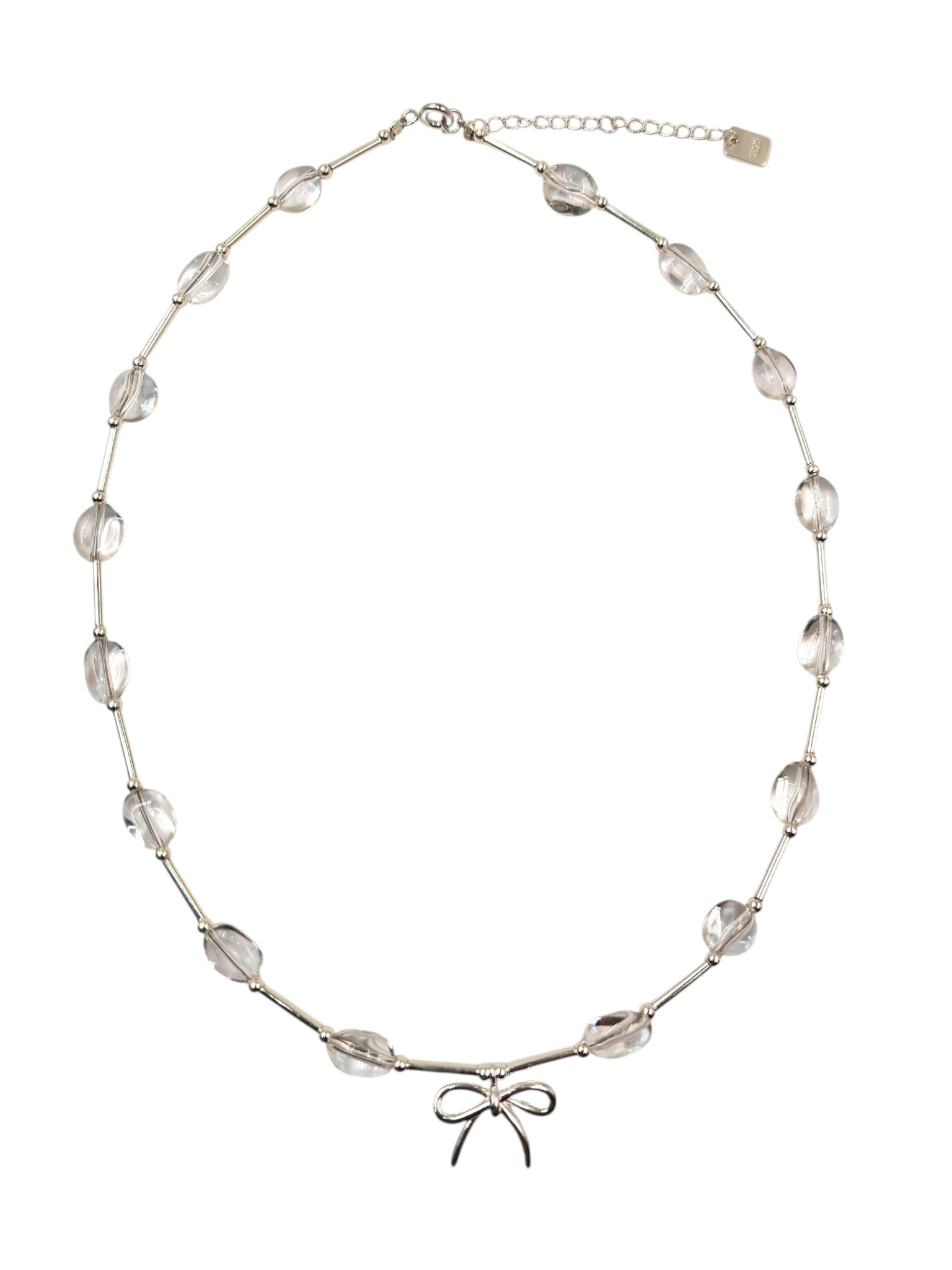 42cm 925 sterling silver necklace with 16 white quartz beads and bow accent