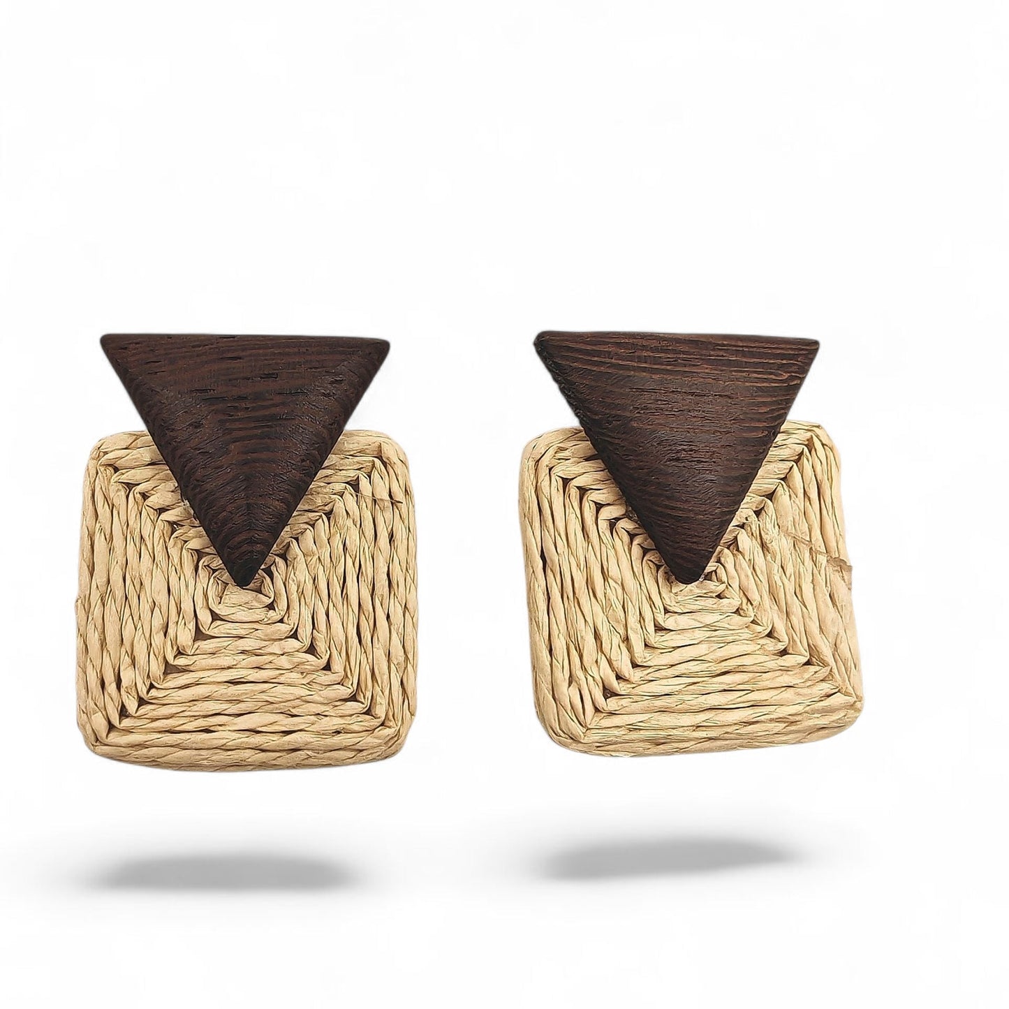 Pair of earrings with brown triangle and woven square design on a white background