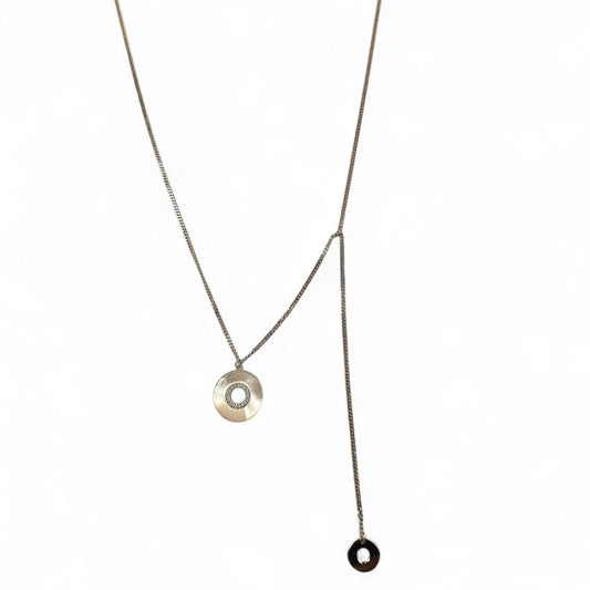 42cm 925 sterling silver lariat necklace with 16mm mother-of-pearl disc, zirconia inlay, and 9mm silver accent