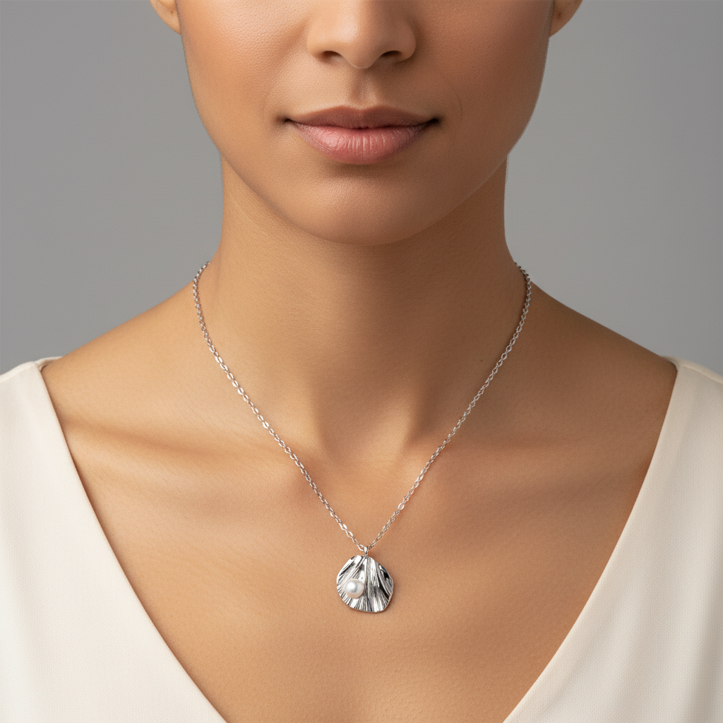 woman wearing Close-up of textured silver leaf and pearl