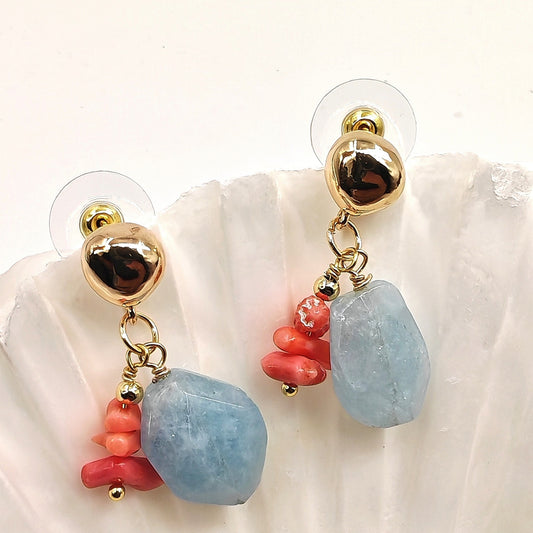 14K gold-plated earrings with 16x11mm aquamarine and 3 coral beads