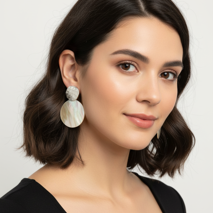 Woman wearing natural shell drop earrings with natural makeup and loose hair