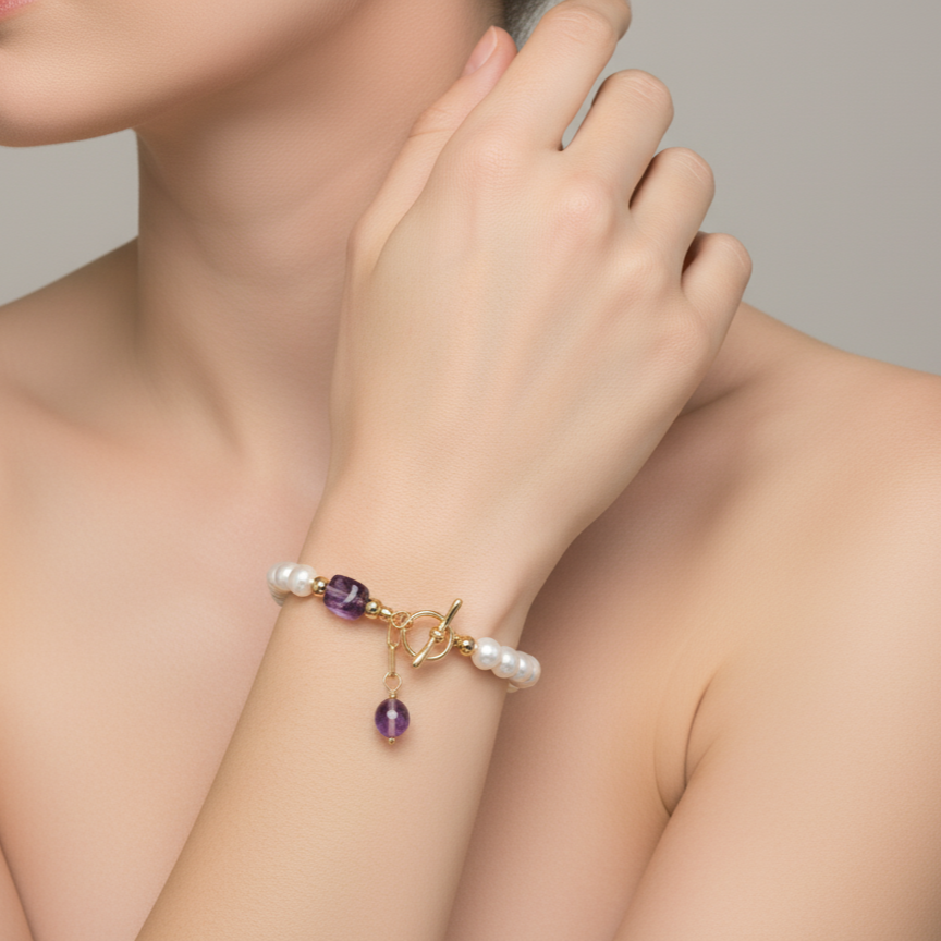 Pearl & Amethyst Bracelet –  with 14k Gold-Plated Clasp