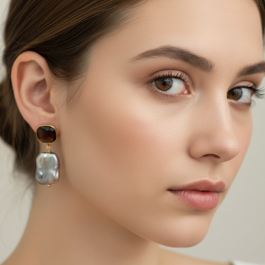 Woman wearing baroque pearl and purple zirconia drop earrings with evening dress