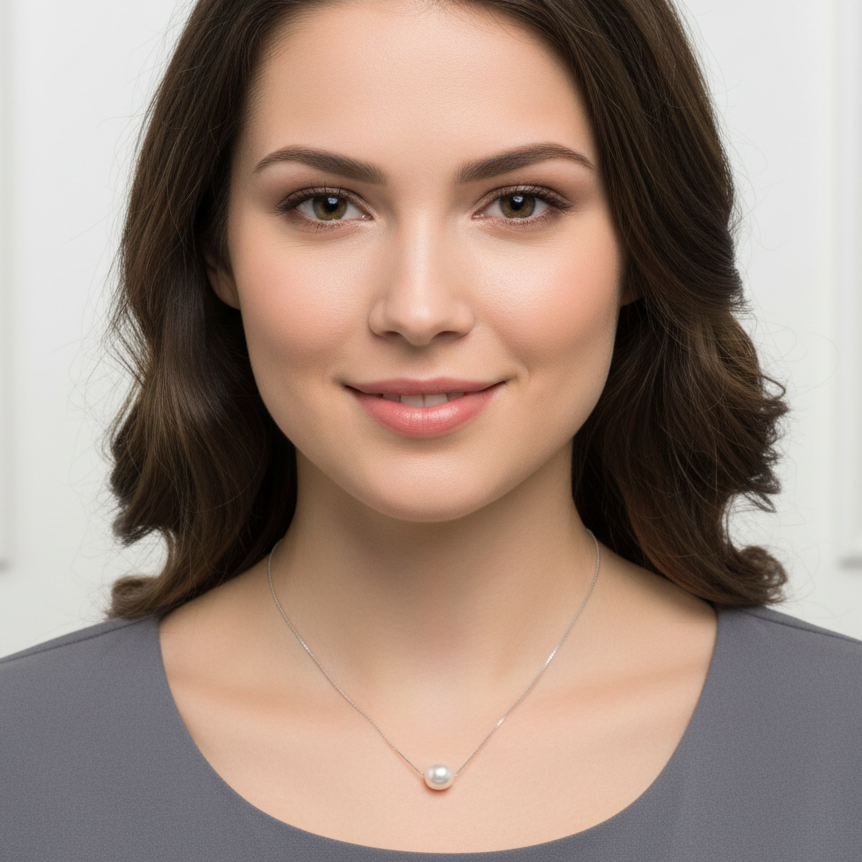 Woman wearing silver and pearl necklace on neck