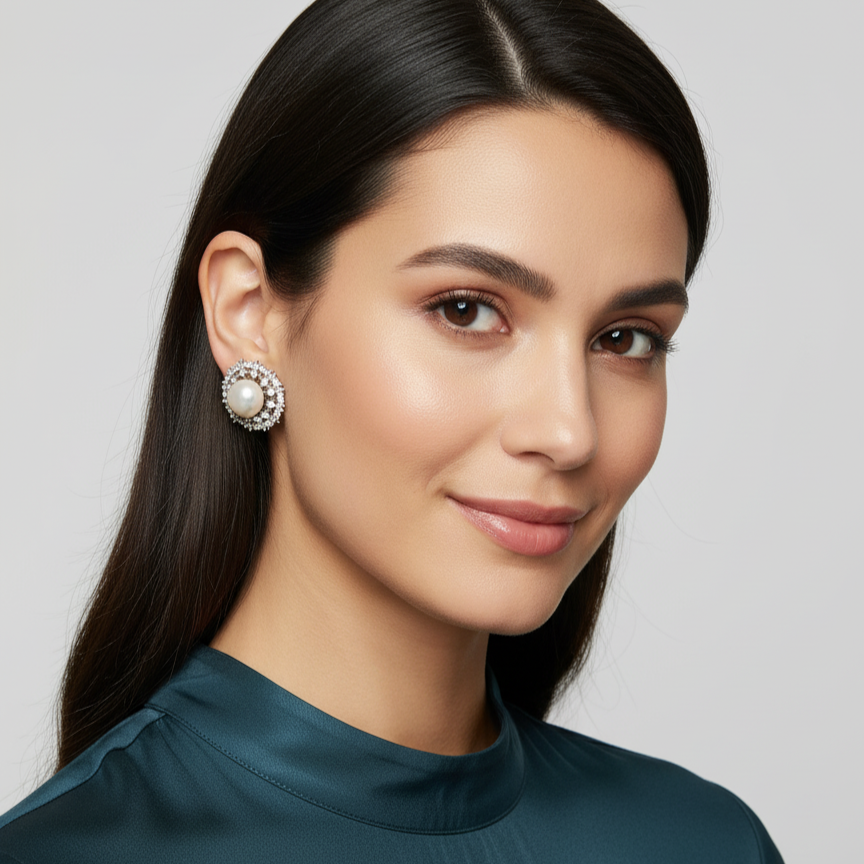 Woman wearing floral pearl stud earrings with soft waves and neutral makeup