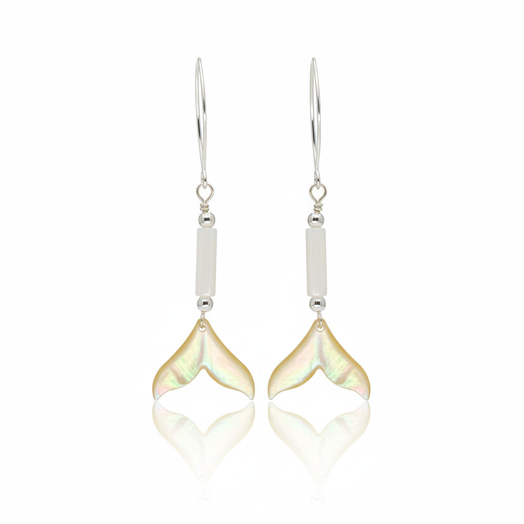 Whale tail shell dangle earring with natural carving and 925 sterling silver marquise V-wire