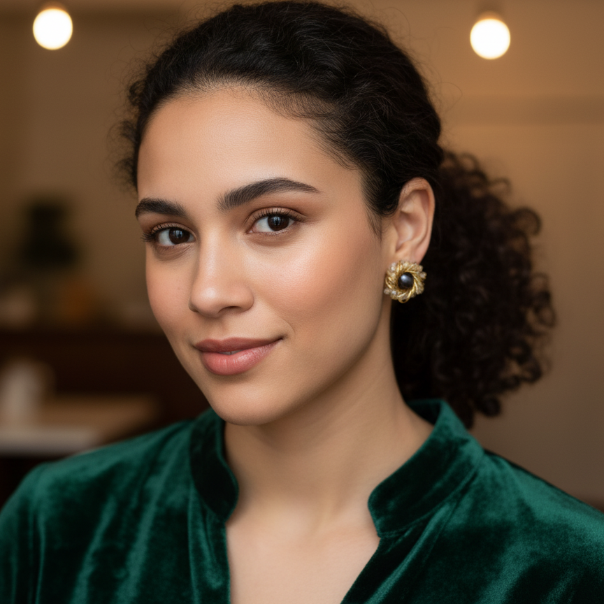 Close-up of a woman wearing earrings with a blurred background