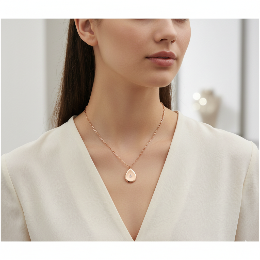 Woman wearing a delicate necklace with a heart pendant against a neutral background