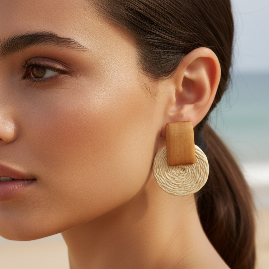 Close-up of a woman wearing gold hoop earrings with a blurred beach background