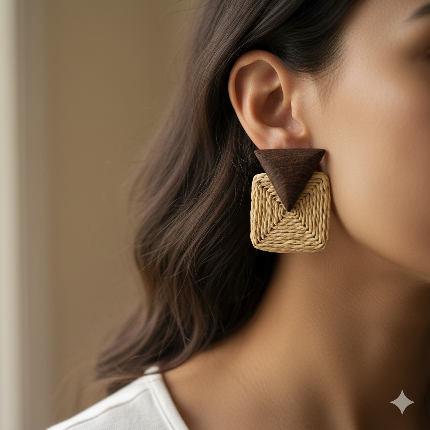Close-up of a person wearing a textured square earring with a blurred background