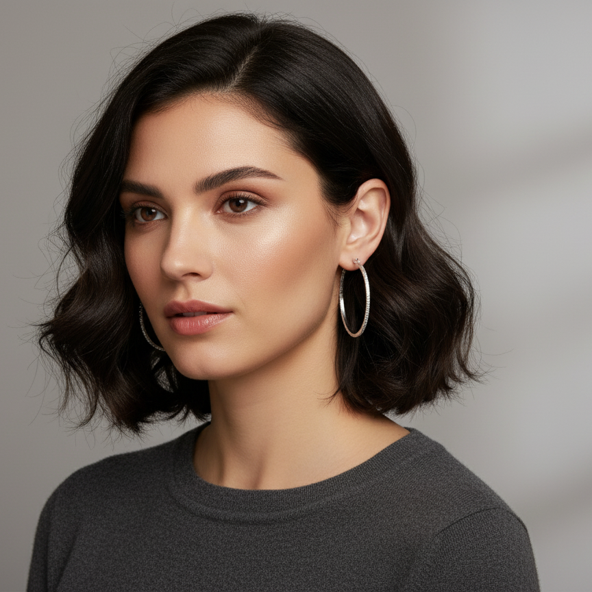 Woman wearing silver 45mm hammered hoop earrings with natural makeup and loose hair
