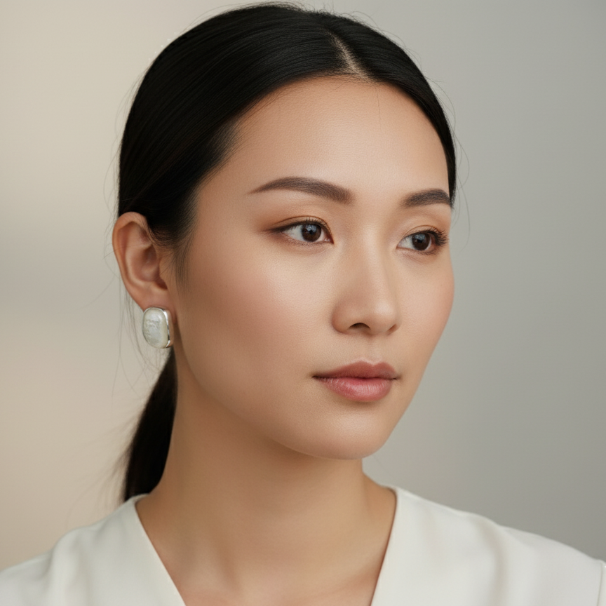 Woman wearing square mother-of-pearl stud earrings with natural makeup and loose hair