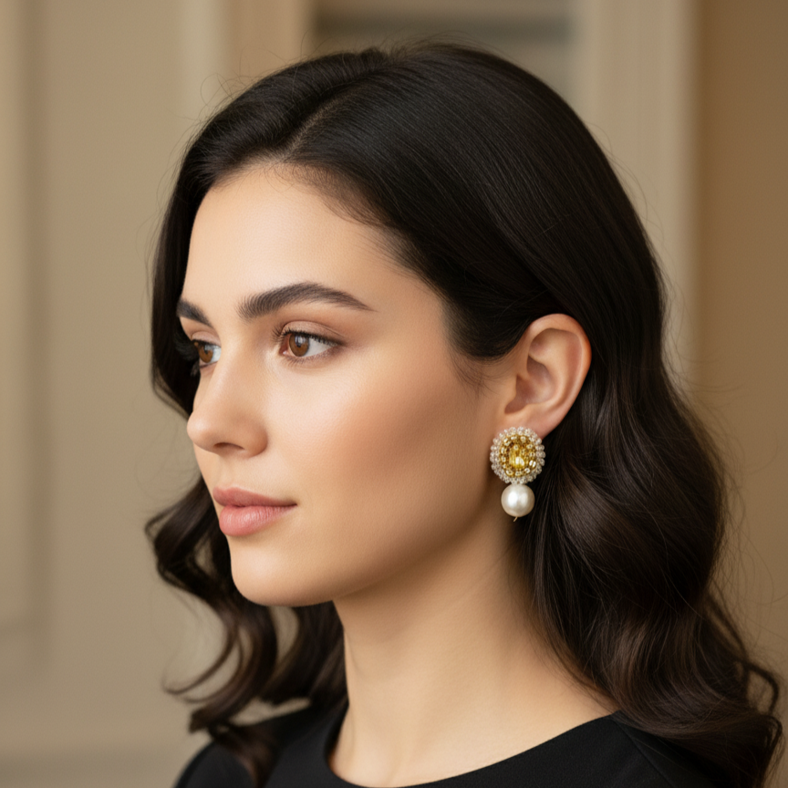 Woman wearing flower drop earrings with soft waves and neutral makeup