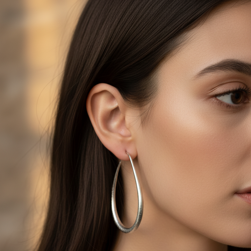 Close-up of a woman wearing teardrop silver hoop earrings