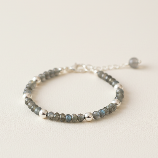 Close-up of labradorite and plated bead details. Fugugemz