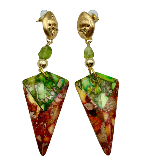 A pair of 76mm 14K gold-plated dangle earrings with large 38mm polished jasper teardrop pendants.