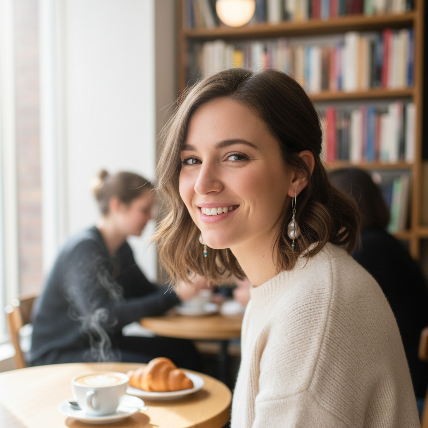 Woman wearing long baroque pearl and turquoise earrings with soft waves