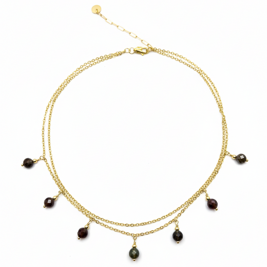 14k gold-plated double-chain necklace with 7x6.6mm dragon blood stone beads on white background