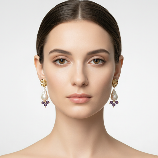 Image showing the full drop length of the baroque pearl and amethyst dangle earring.