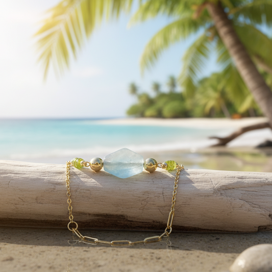 Close-up of aquamarine pendant, olive quartz beads, and gold-plated details