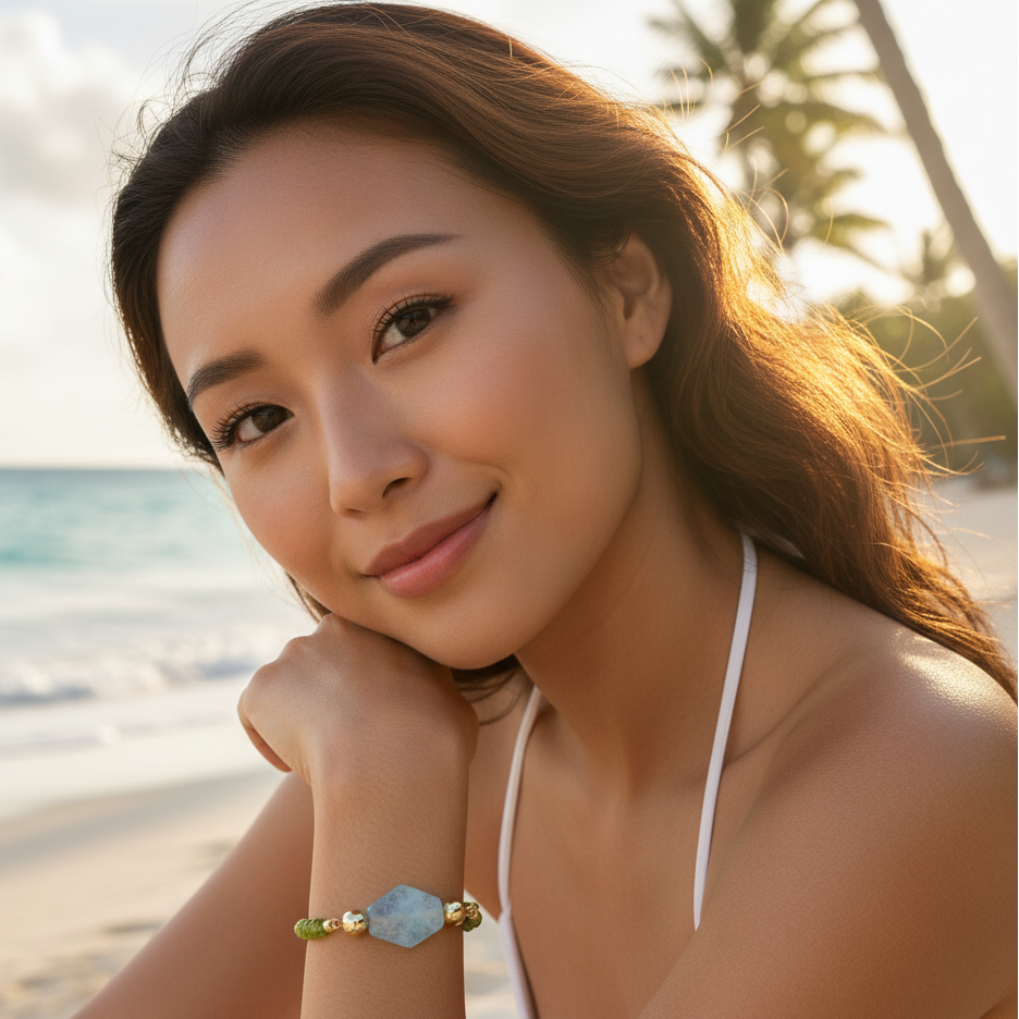 Woman wearing adjustable bracelet with aquamarine and olive quartz