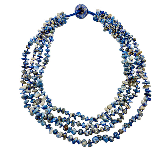 50cm large multi-layered blue/white shell necklace on white background