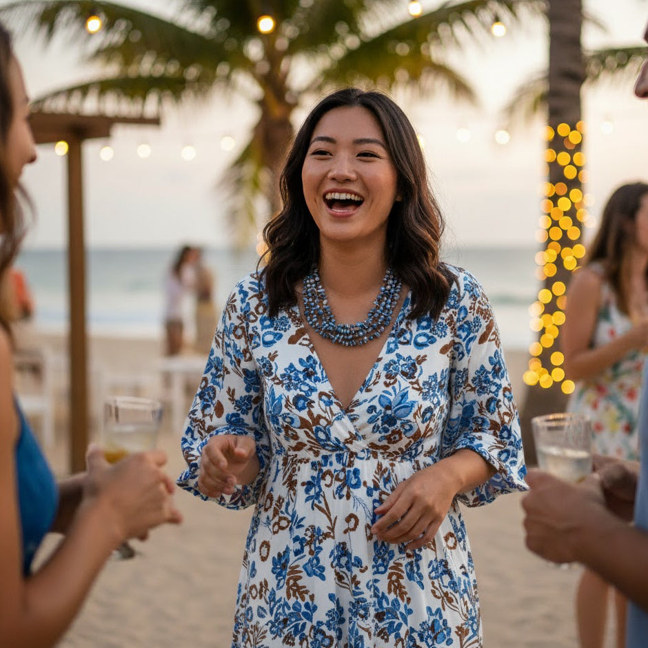 Woman wearing blue/white shell necklace with blue cord and tassel